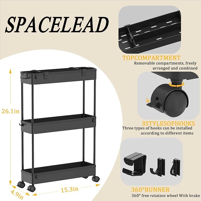 Slim Storage Cart 3 Tier,Bathroom Organizer Rolling Utility,Mobile Shelving Unit Slide Out for Office, Kitchen, Laundry Room & Narrow Places,Black