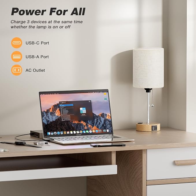 Small Bedside Table Lamp for Bedroom, Desk Lamp with USB Ports for Dorm | USB A+C Ports, AC Outlet, 3 Color Temperatures, LED Bulb Included, Linen-Fabric Shade, Wood Grain Base, 14" Night Stand Lamp