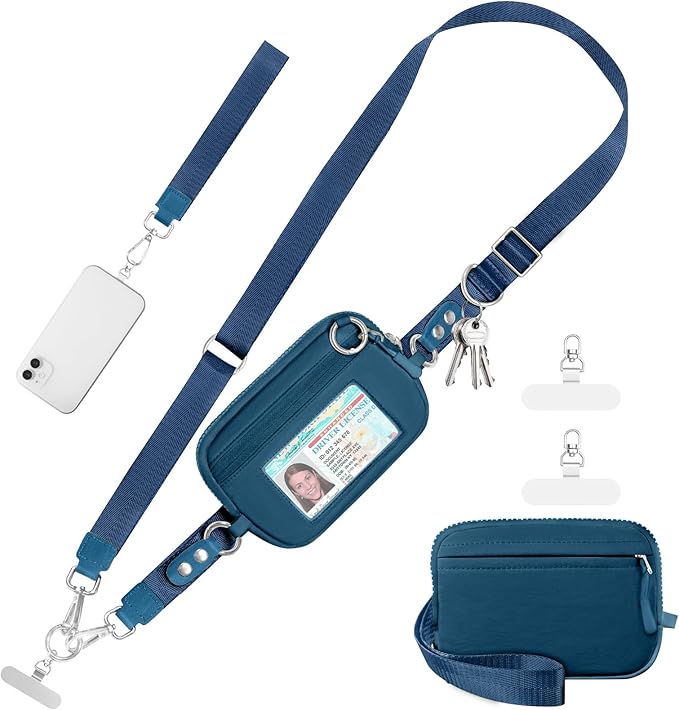 Tiostep Clip and Go Strap for Phone with Wallet Crossbody Phone Lanyard Adjustable and Detachable RFID Wristlet Wallet (Peacock Blue, Medium)