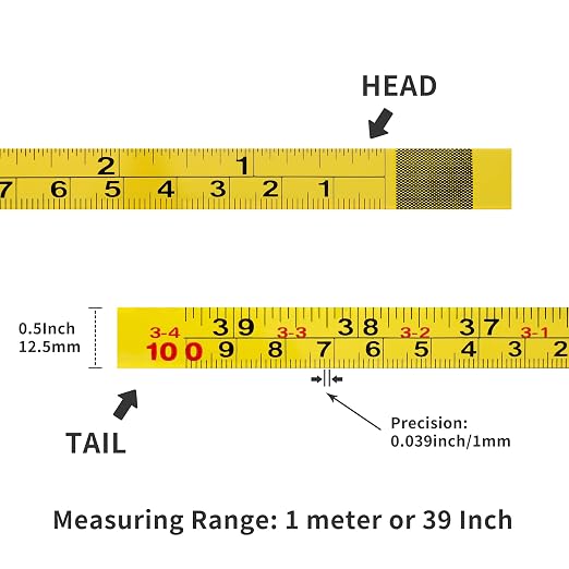 2 Packs Steel Self-Adhesive Measuring Tape, Right to Left Reading 100cm or 39-Inch Imperial and Metric Ruler Tape, 1/2-Inch Peel and Stick Tape Measure for Woodworking, Saw, Drafting Table, Yellow | 100cm or 39-Inch Imperial and Metric Ruler Tape, 1/2-...