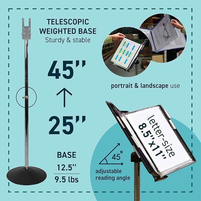 Tarifold Adjustable Floor Reference Display Stand, Fluorescent Green | 10 double-sided pockets hold 20 letter-size sheets, adjustable floor stand, durable metal bracket, easy to assemble