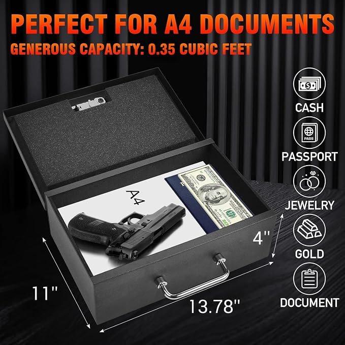 TOTOY 0.35 CuFt Portable Steel Fireproof 3-Digit Lock Handheld Document Box | Rotable Carrying Handle Storage Lock Box for A4 Documents Passport Cash Money Laptop Tablet Jewelry, 13.8''W x 11''D x 4''H