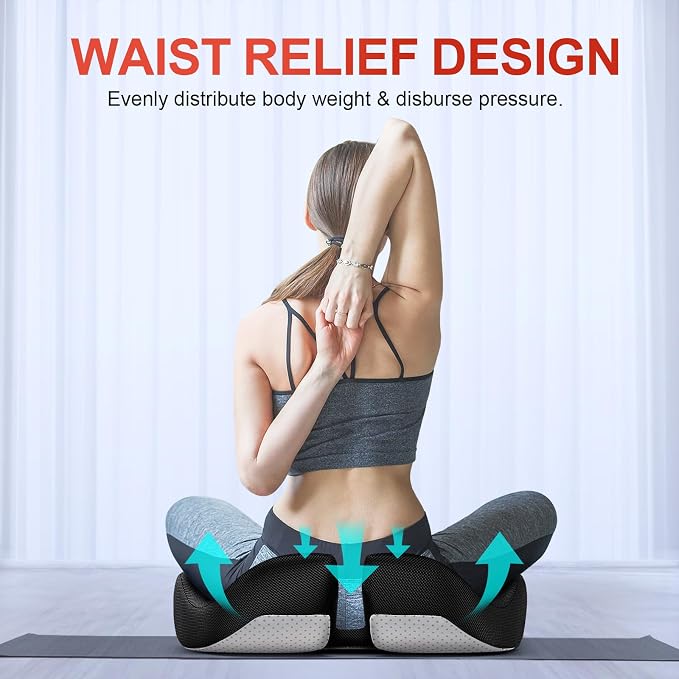 Benazcap Memory Foam Seat Cushion Relieves Sciatica & Tailbone Pain | Ergonomic design, washable cover & anti-slip base, long-sitting pad for office, gaming and car seats Black