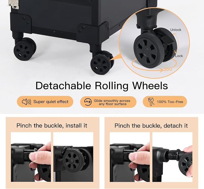 Rolling Portable Manicure Table with 3 Drawers, Lockable Makeup Train Case with Detachable Mirror, Foldable Nail Desk with Wheels & Handle, Mesa de Uñas Profesional para Nail Techs & Salon Use, Black