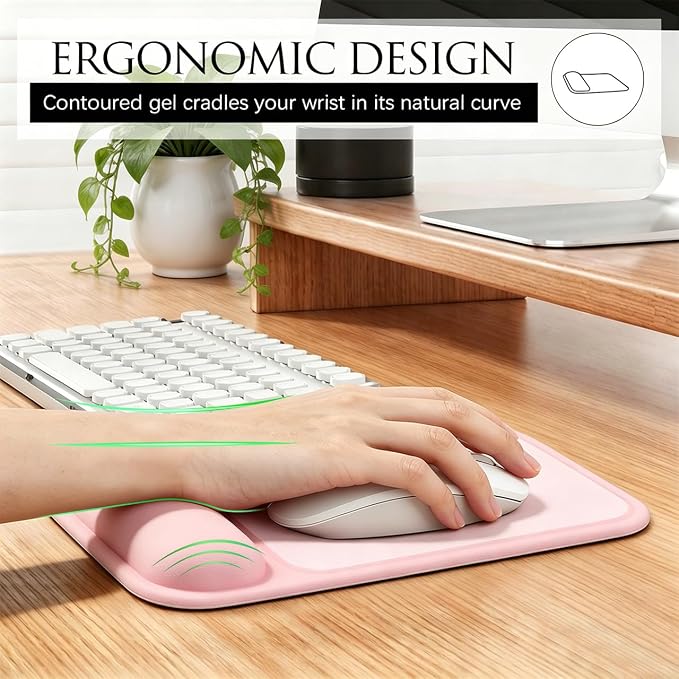 JIKIOU Ergonomic Mouse Pad with Gel Wrist Rest, 10 x 7.25 in, Pink | 40% Larger Rectangular Design-No More Hitting Edges Mid-glide, Savior of Pain Relief, Smooth Lycra Surface, Non-Slip PU Base