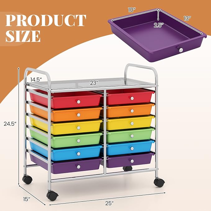 COSTWAY 12-Drawer Rolling Storage Cart, Utility Storage Organizer Cart | For Tools, Scrapbook, Paper, Craft, Multipurpose Art Supply Organizer on Wheels for Home Office School, Teacher, Multicolor