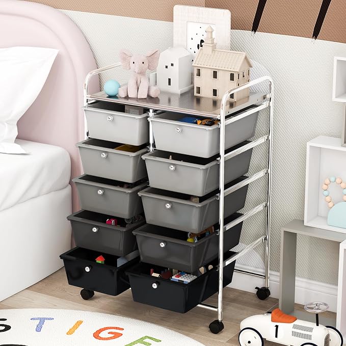 COSTWAY 10 Drawer Rolling Storage Cart, Utility Cart with Lockable Wheels | Mobile Art Supply Craft Organizer with Metal Frame, Multipurpose Drawer Cart for Paper for Office, School, Mixed Black