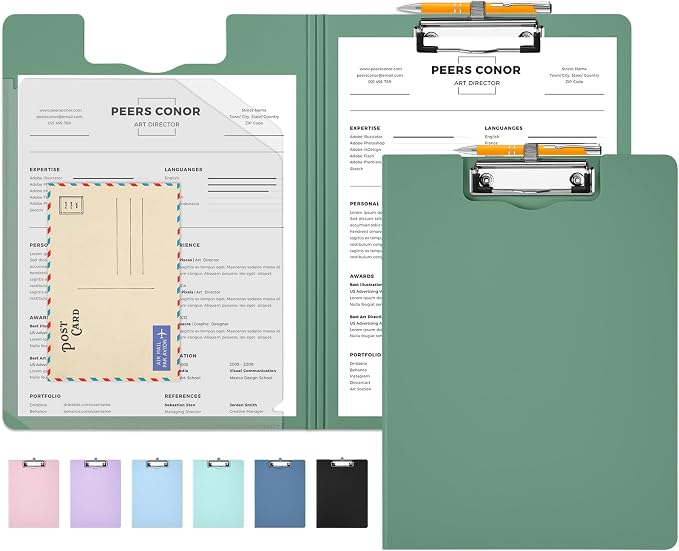 Sooez Foldable Clipboard Folder, A4 Folding Clip Board with Pen Loop 8.5x11 | 2 Tabbed Pockets, 360° Portfolio, Binder Clipboards with Low-Profile Metal Clip, Folio Storage for Nursing, School & Office