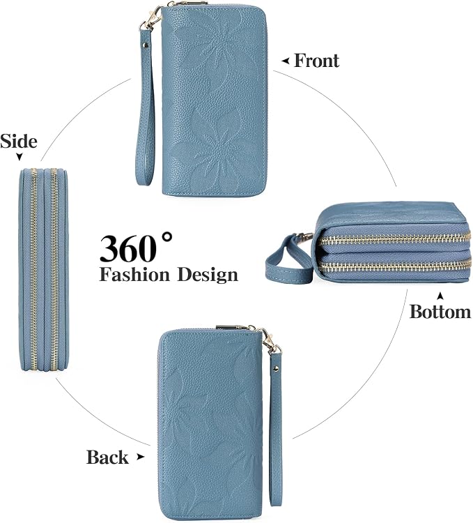 GOIACII Women's Wallet Large Capacity Double Zip Ladies Card Phone Holder RFID Blocking Wristlet Leather