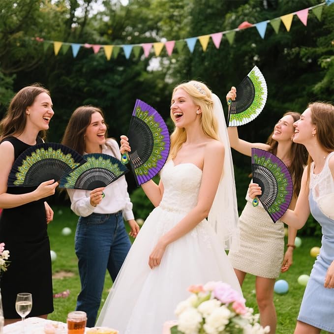 EOSAU Hand Fans for Women Foldable - Bamboo Silk Folding Fan Handheld, Fans for Line Dancing Wedding, Portable Bridal Party Favor, Elegant Church Performance Gift (Peacock Purple)