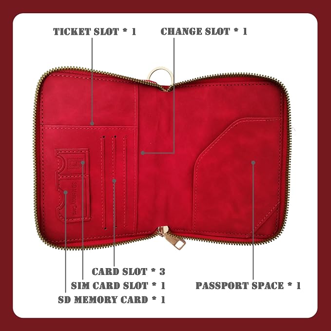 Passport Holder with Tether and Carabiner Clip to Prevent Loss and Theft, Rfid Passport Holder for Travel, Passport Cover, Wallet & Case for Men and Women (Red - Tether and Carabiner)