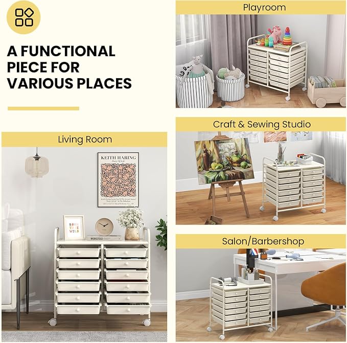 COSTWAY 12-Drawer Rolling Storage Cart, Utility Storage Organizer Cart | For Tools, Scrapbook, Paper, Craft, Multipurpose Art Supply Organizer on Wheels for Home Office School, Teacher, Ivory White