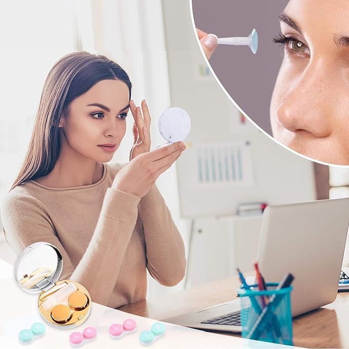cauyuan Cute Contact Lens Case Portable Travel Box | with Mirror Tweezers Remover Tool Solution Bottle for Office and Outdoor