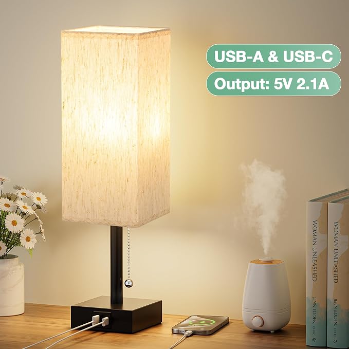 aooshine Pull Chain Small Table Lamp - 3 Color Temperature Bedside Lamp for Bedroom with USB Port, Minimalist Nightstand Lamp with Black Base, Desk Lamp for Kids Room Dorm, Bulb Included | Pull Chain Switch, LED Bulb Included, Cream Fabric Shade, 14.7"...