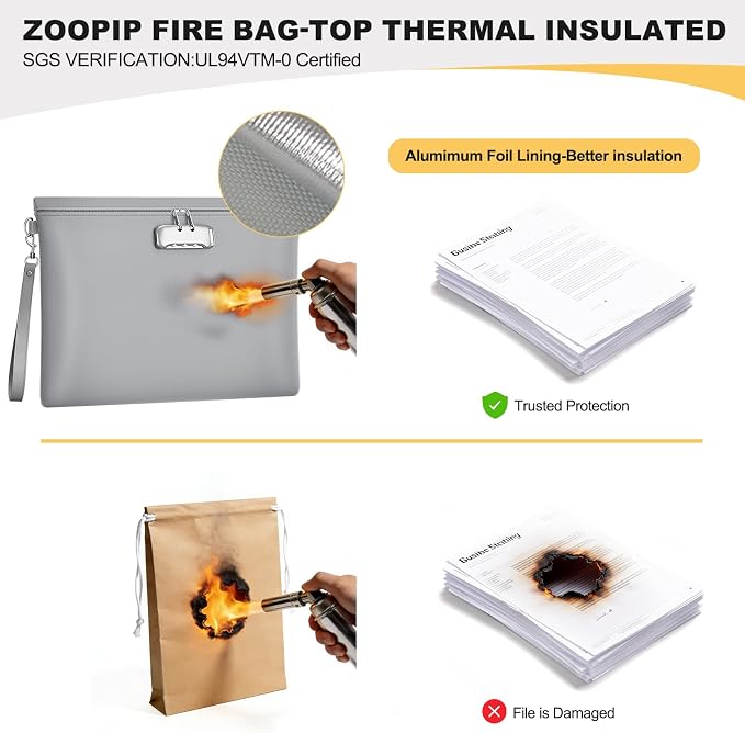 Fireproof Document Bag with Lock, ZOOPIP 14.6"x10.5" Fireproof and Waterproof Money Bag with Zipper Closure, Storage Pouch for A4 Letter Size Document, Cash, Cell Phone, Passport-Gray