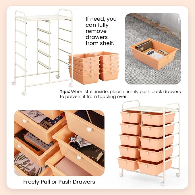 BECOMFORT 10-Drawer Rolling Cart with Drawers, Storage Cart on Wheels, Teacher Classroom Organizers with Metal Frame, Mobile Craft Cart, Trolley Utility Cart for School Office Play Room