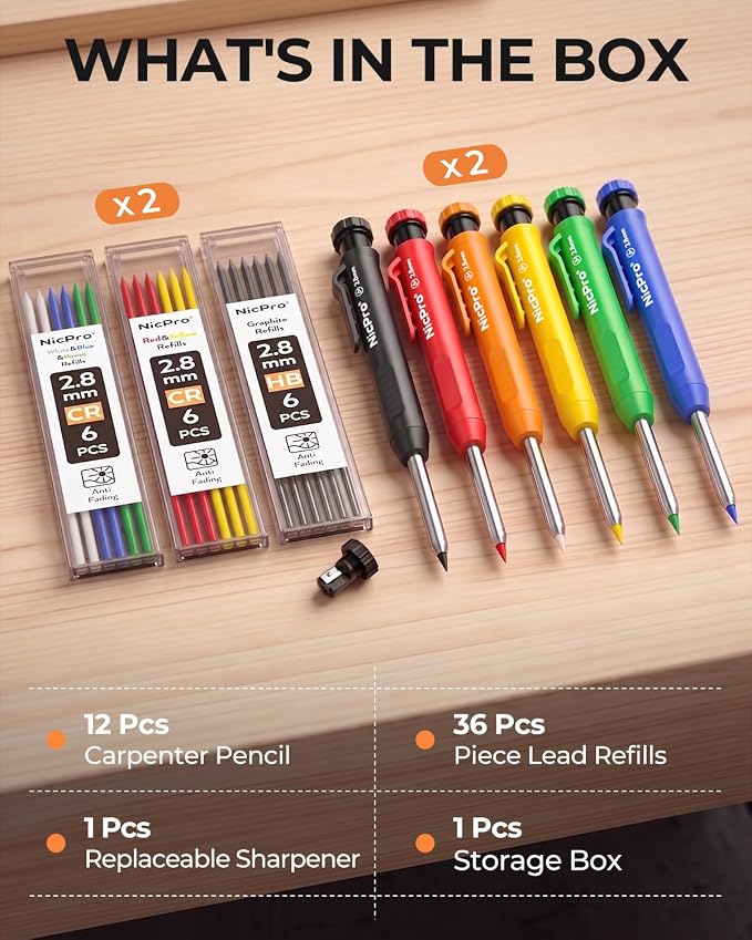Nicpro Carpenter Pencil with Sharpener, 12Pcs Construction Pencil+52 Refill | Deep Hole Marker for Construction, Heavy Duty Woodworking Pencil for Architect Marking (Red, Black, Yellow, Blue, Orange)