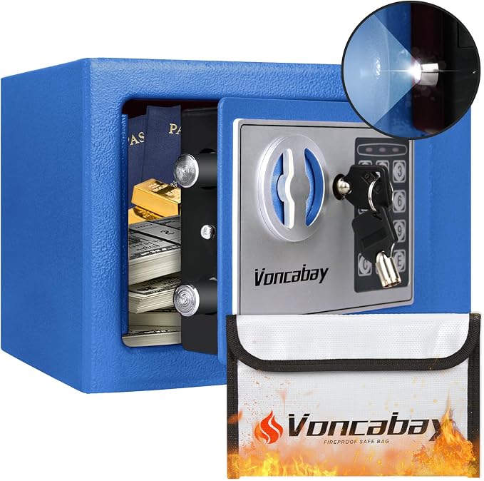 Voncabay Money Safe Box for Home with Sensor Light & Fireproof Security Safe Box for Money Safe with Keys & Pass Code, Lock Box Fireproof Safe with Digital Keypad Blue