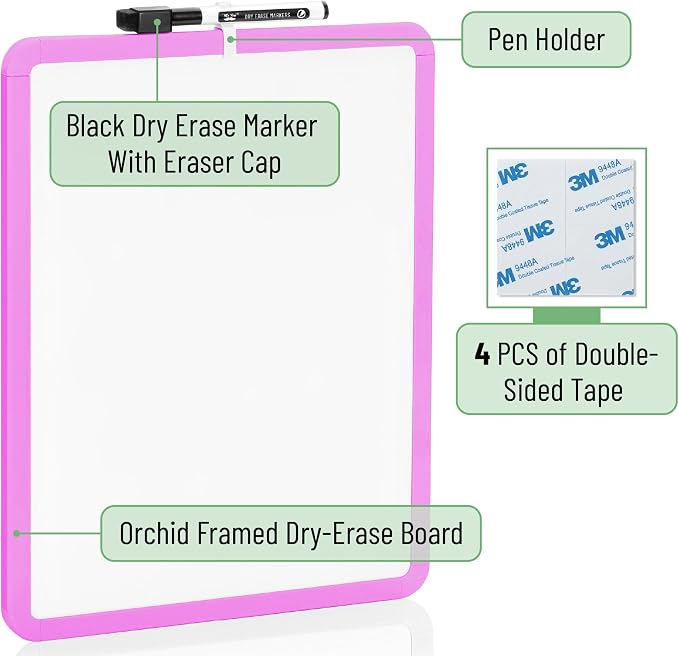 Mr. Pen- Dry Erase Board, 14” x 11” with a Black Dry Erase Marker | Orchid Frame, Small Mini White Board for Students, Fridge, Wall, Locker, Includes Double Sided Tapes