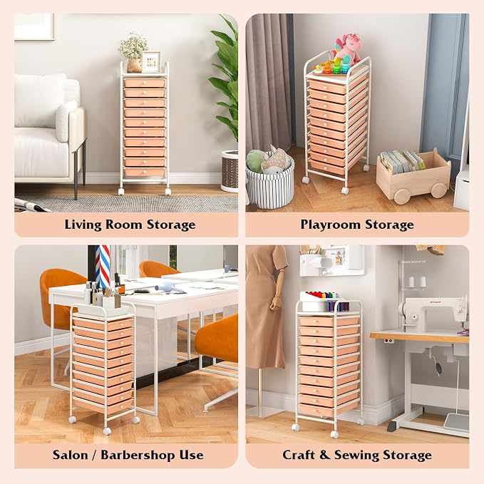 Storage Cart, Rolling Utility Cart with 10 Drawers, Portable Handles & Lockable Wheels, Mobile Paper Toys Storage Organizer Large Capacity for Home Office School Teacher (Peach)