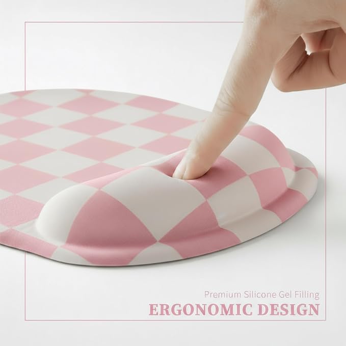 Ohocut Pink Checkered Mouse Pad with Gel Wrist Rest, Wrist Support, Ergonomic Desk Accessories for Girls Women, Office Laptop Gaming Decor, Cute Aesthetic Trendy Check Design