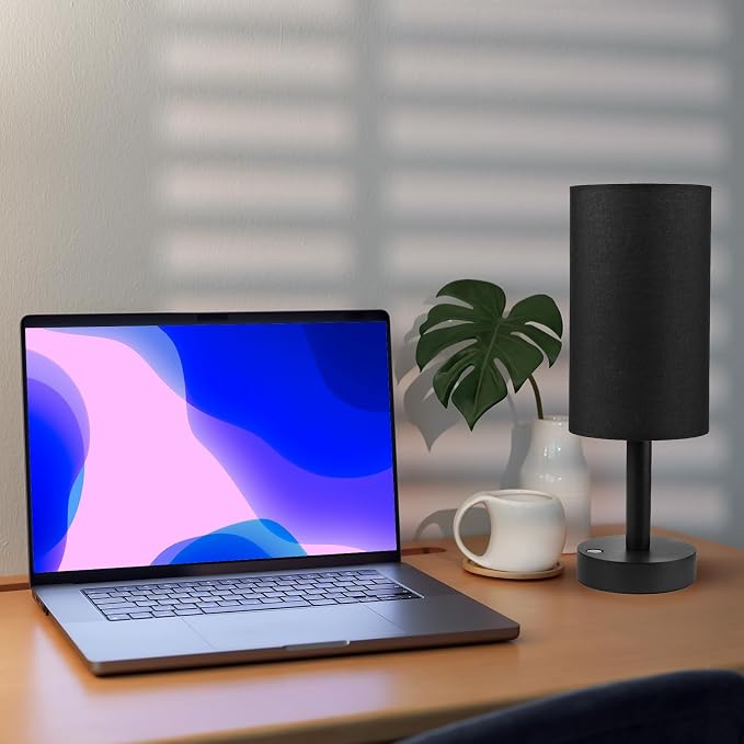 LALISU Small Table Lamp Nightstand Lamp Linen Lampshade Bedroom Wood Base Small Bedside Lamp for Night Stands, Desk Lamps for Reading Living Room, Office (LED Bulb Included) (Black and Cordless)