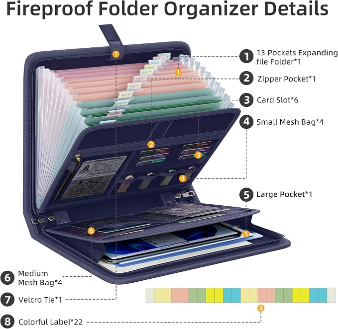 Fireproof Accordion File Organizer, Expanding File Folder with 13 Pockets | Portable Document Organizer with Waterproof Zipper & Labels, File Organizer for Important Document/Paper Storage, Blue