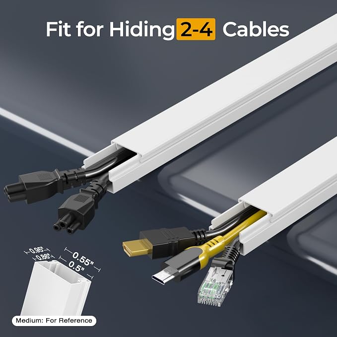 283.5in Cord Hider Wall, Cord Covers for 2-4 Wires on Wall, Premium Cable Hider Wire Covers for Cords on Wall, Easy Set-up Wire Hiders for TV on Walls, TV Cable Cover Raceway, W0.95 H0.55in, White