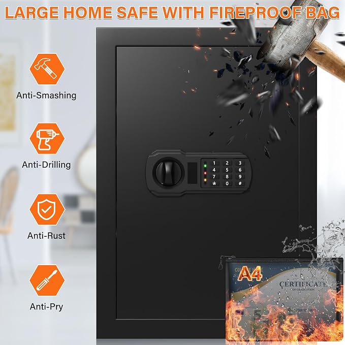 21.65"H Safe Box for Home | 3.8 cu ft Anti-Theft Safe with A4 Fireproof Bag | 36Lb Large Heavy Safe with Electronic Combination Lock & Removable Shelf | Document Safe for Office Cash Medicine Valuable