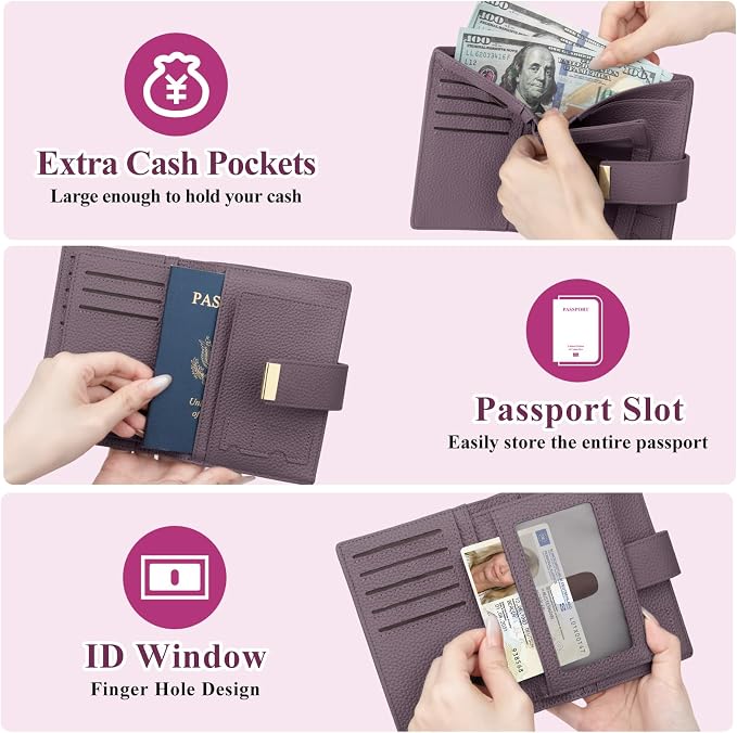 BKNOOU RFID Blocking Passport Holder with Airtag Slot- Leather Travel Passport Wallet for Women, Slim Bifold Travel Passport Holder Holds Cards & Tickets & Cash (Light Purple)