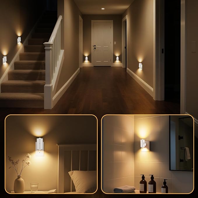 4 Pack Mini Dimmable LED Night Light, Plug-in Wall Light with Dusk to Dawn Auto On/Off, 180° Rotating Head, 3000K Soft White, 0-200 LM for Nursery, Hallway, Bathroom,Bedroom