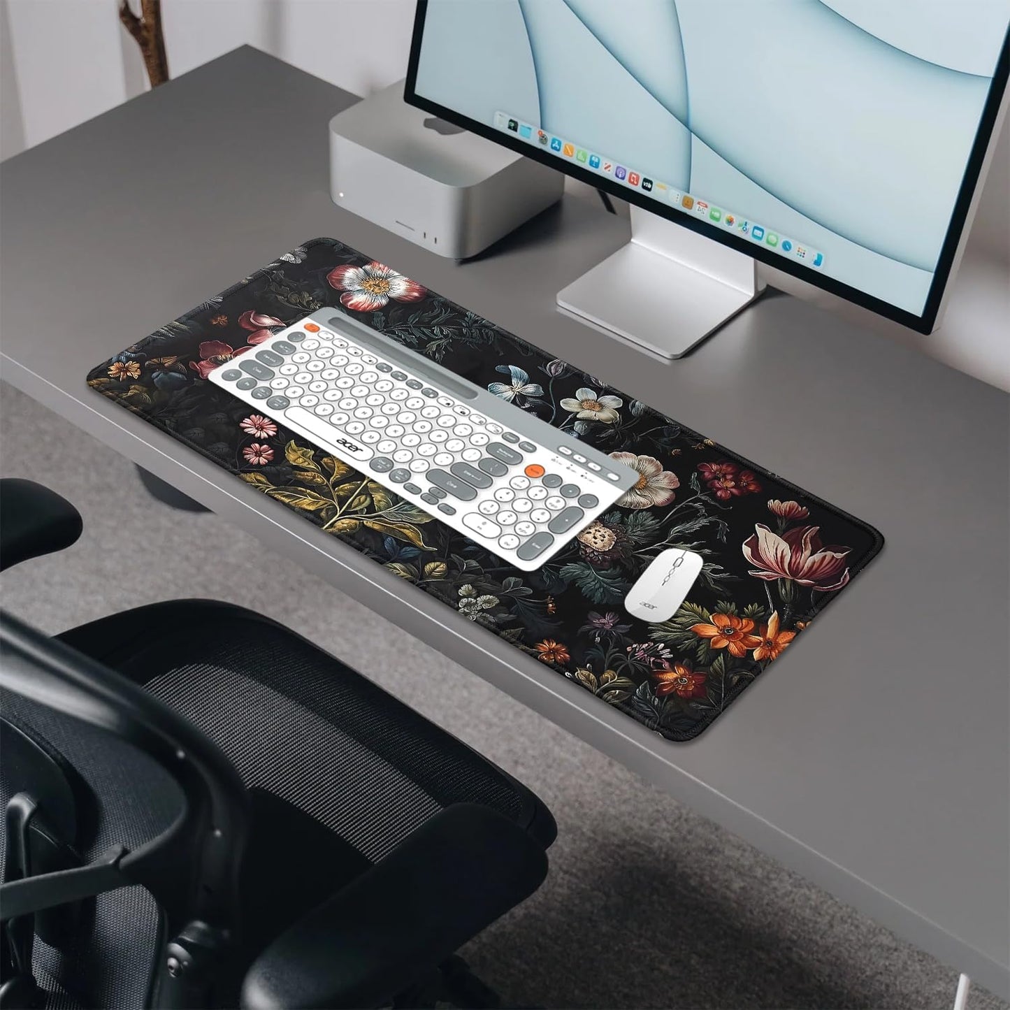 Vintage Aesthetic Mouse Pad,Extended Flower Plant Black Mousepad Desk Pad with Stitched Edges,Non-Slip Waterproof Rubber Base Mouse Mat for Office Computer Keyboard Laptop Home(27.5x11.8 in)