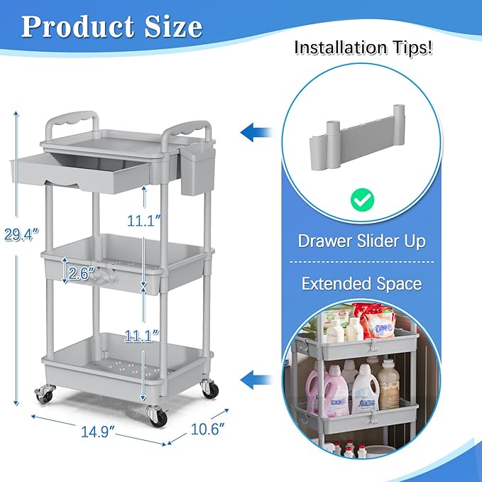 SUNALLY 3 Tier Rolling Cart with Drawer, Craft Storage Cart Organizer, Gray | Bathroom Storage Organizer with 2 Lockable Wheels, Rolling Utility Cart for Kitchen, Office, Baby, Makeup, Nail,Snack,Laundry