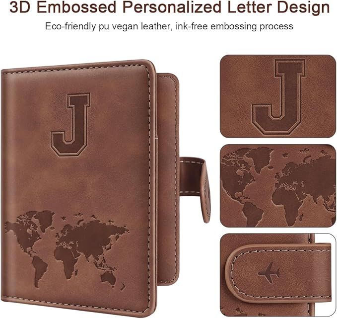 Passport Holder Wallet Cover Personalized Initial Travel Essentials | Embossed Letter A-Z Design, Travel Wallets, RFID Blocking, Passport Book Holders, Women Men, Personalized Gifts, Brown-J