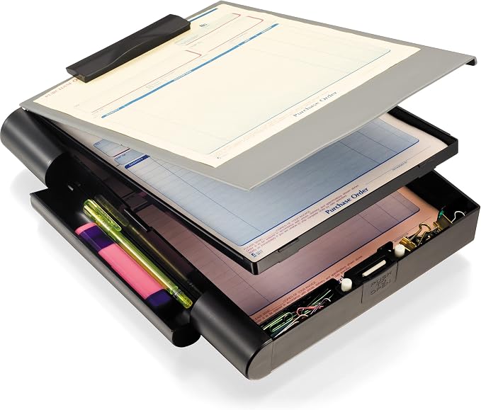 Officemate Double Storage Clipboard, Form Holder with 2 Compartments, Magnetized Storage, Pen Holder & Clip, Letter Size, Recycled Plastic, Gray/Black (83357)