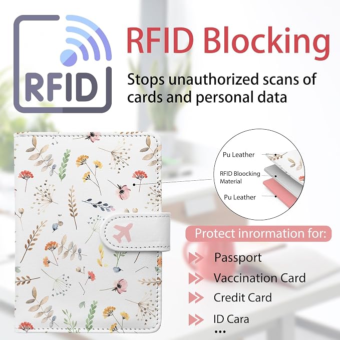 Passport Holder, Cute Travel Wallet Cover with RFID Blocking, Flower | PU leather travel wallet with magnetic closure, card slots, pen loop, and easy access for passports and essentials.