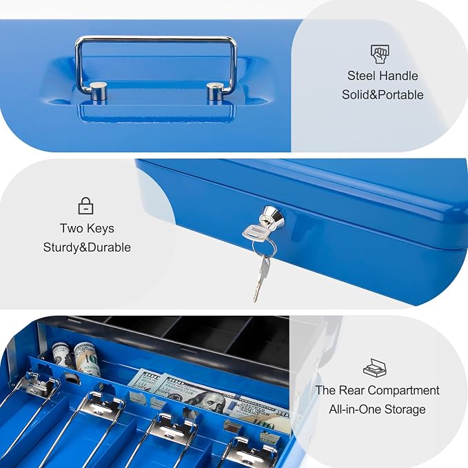 Jssmst Locking Metal Cash Box with Coin Lid, 11.8L x 9.5W x 3.5H Inches, Safe Money Box with Key Lock, Blue, SM-CB0513BL