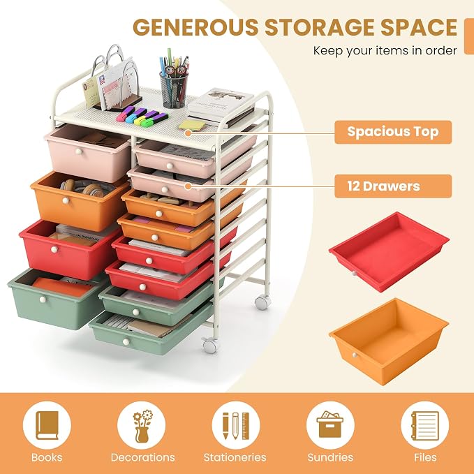 COSTWAY 12 Drawer Rolling Storage Cart, Utility Cart with Metal Frame | Mobile Art Supply Craft Organizer, Multipurpose Storage Organizer for Paper, Office, School Teacher, Classroom, Macaron