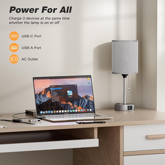 Small Bedside Table Lamp for Bedroom, Desk Lamp with USB Ports for Dorm | USB A+C Ports, AC Outlet, 3 Color Temper, LED Bulb Included, Grey Fabric Shade & Matte Metal Base, 14" Tall Night Stand Lamp