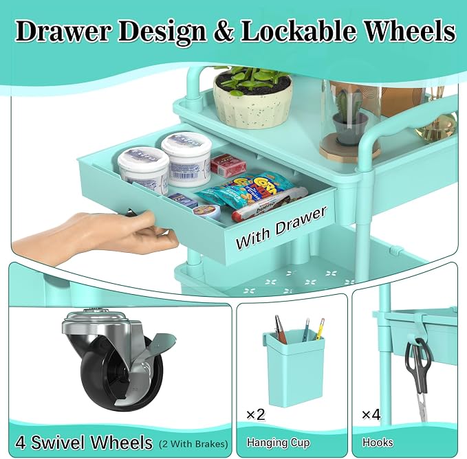 SUNALLY 4 Tier Rolling Cart with Drawer, Craft Storage Cart Organizer, Blue | Bathroom Storage Organizer with 2 Lockable Wheels, Rolling Utility Cart for Kitchen, Office, Baby, Makeup, Nail,Snack,Laundry
