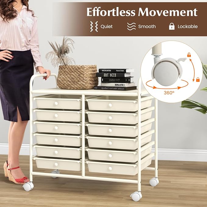 COSTWAY 12-Drawer Rolling Storage Cart, Utility Storage Organizer Cart | For Tools, Scrapbook, Paper, Craft, Multipurpose Art Supply Organizer on Wheels for Home Office School, Teacher, Ivory White