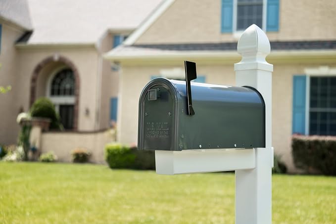 Architectural Mailboxes Edson Post Mount Mailbox, Gunmetal Grey, Medium | Galvanized steel build for outside with rust-resistant powder-coat finish and a magnetic door closure. USPS approved.