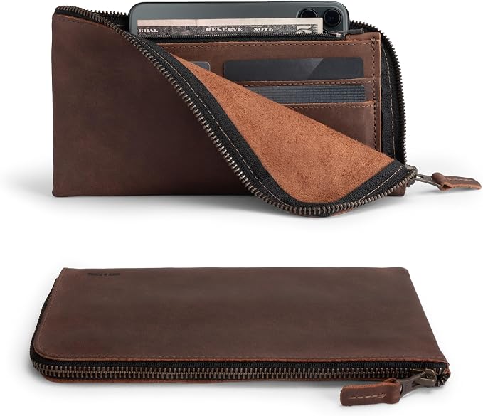Hide & Drink, Leather Long Zippered Wallet, Holds Up to 8 Cards Plus Coins And Flat Bills, Phone Holder, Travel Essentials, Handmade (Bourbon Brown)