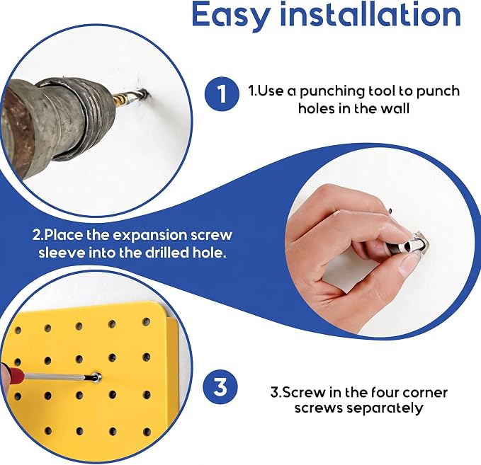 Steel Pegboard Tool Wall Organizer, 4 Pack 14.76 x 10.82 in, 6 Bins, Yellow | 6 clear storage bins organize screws and small parts; 36 hooks and 30 peg locks keep garage tools sorted and easy to reach.