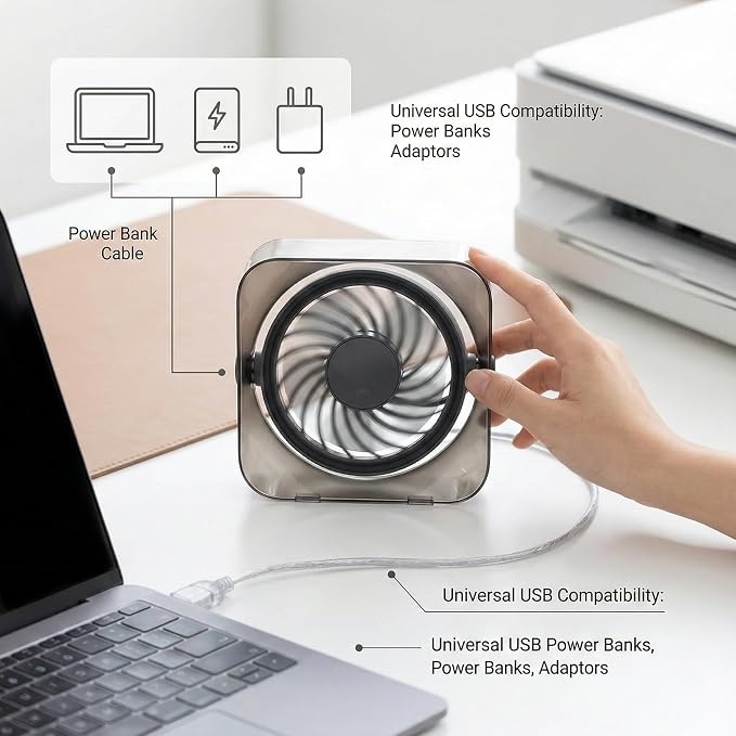 OTPEIR Mini Desk Fan, Powerful Yet Gentle Airflow Small Desktop Fan with 3 Speed Settings, Adjustable Angle One-Button Control, Detachable Easy-Clean Design, USB Desk Fan for Office Bedroom,Grey