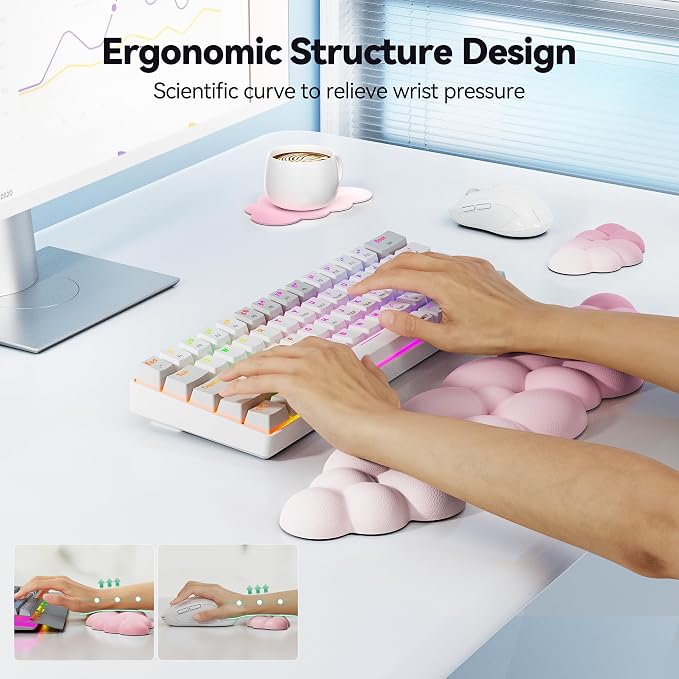 TECKNET Cloud Keyboard Wrist Rest Set, Cloud Wrist Rest with Non-Slip Base, PU Leather Wrist Pad for Keyboard with Ergonomic Memory Foam for Computer Laptop Office Gaming & Pain Relief, Gradient Pink