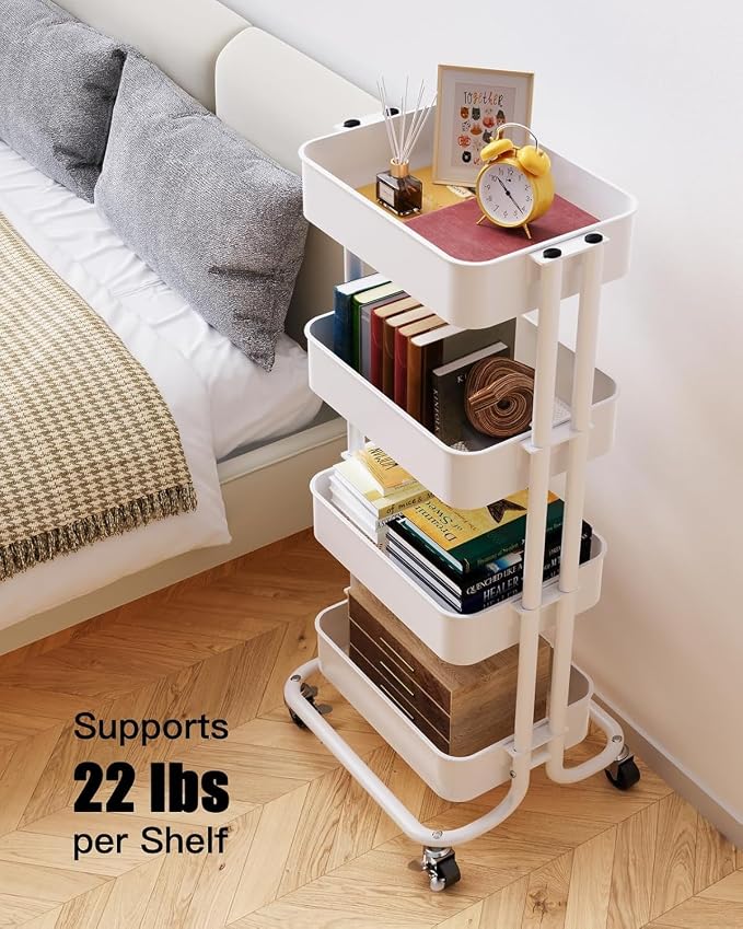 Pipishell 4 Tier Metal Rolling Utility Cart with 2 Lockable Wheels, White | 360° Rotating Wheel, Heavy-Duty Steel, Sturdy Dual Columns, Ventilated Mesh, Hold 22 lbs per Shelf, for Kitchen & Living Room