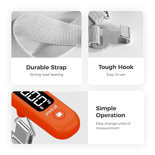 pack all Digital Luggage Scale for Travel, 110Lbs Capacity, 0.1Lb Precision | Handheld, Backlit LCD Display, Lb/Kg/Oz Conversion, Tare Function, Battery Included, Orange