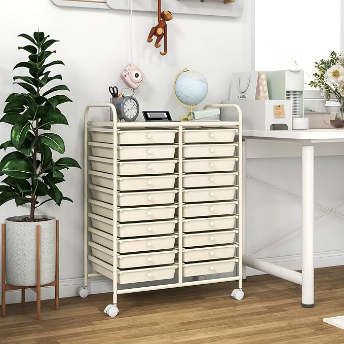 RELAX4LIFE 20-Drawer Rolling Storage Cart - Mobile Rolling Cart w/Drawers for School Classroom Teacher Office Home Salon, Paper File Art Supply Craft Organizer, Utility Cart on Wheels (Ivory)
