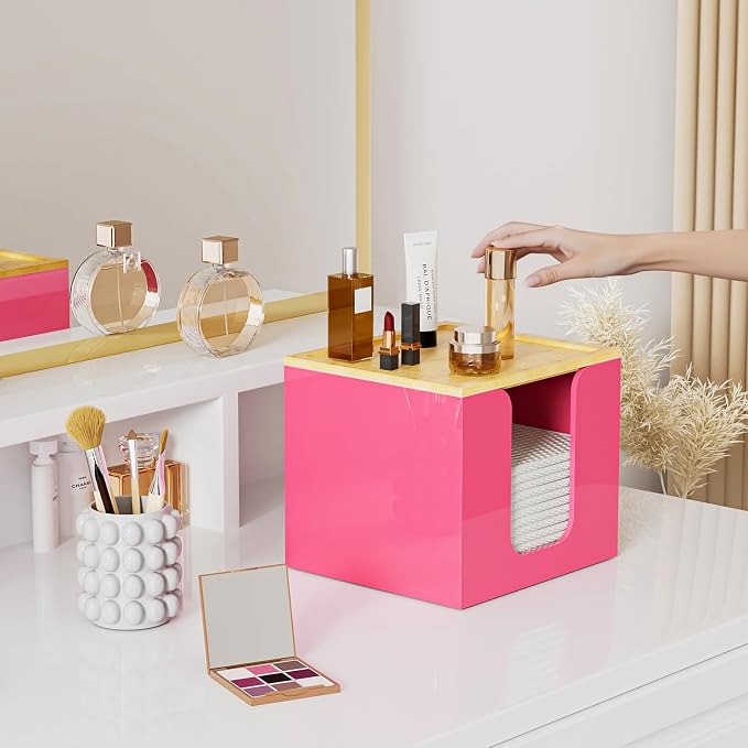 VITVITI Disposable Face Towel Holder for Clean Skin Club, Acrylic Box Pink | 50 XL Face Towels Holder Container, Facial Towel Storage with Bamboo Lid, for Bathroom, Vanity Makeup